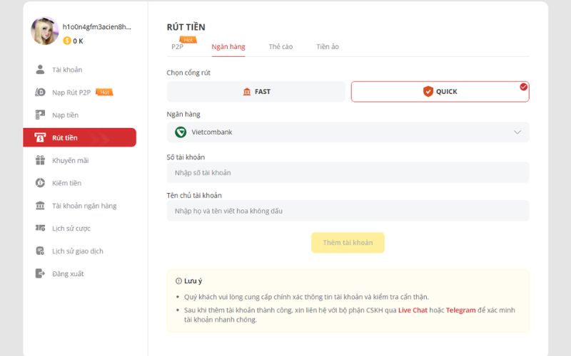 giao dịch rút tiền online nhanh